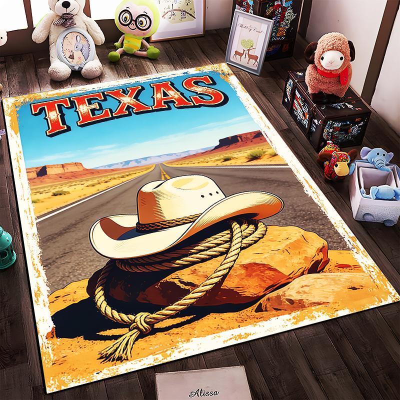 "Texas Cowboy Hat Scenic Desert Road Carpet with Rustic Design" Suitable for use as an anti-slip for living room bedroom sofas