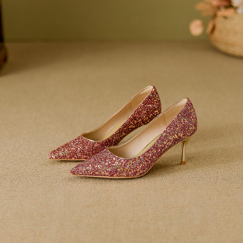 Rose wedding shoes women's new high-end Chinese bride Xiuhe high heels are not tired of toasting crystal single shoes