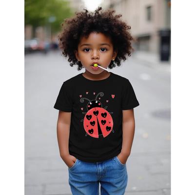 European Size Boys Summer Round Neck Short Sleeved T Shirt with Red Ladybug and Heart Pattern
