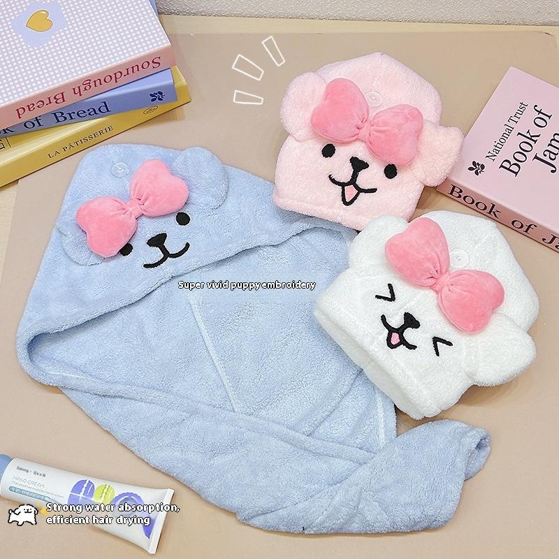 Puppy Embroidery Hair Drying Cap Coral Fleece Soft Absorbent Lightweight Quick Dry Shower Cap Household Hair Towel