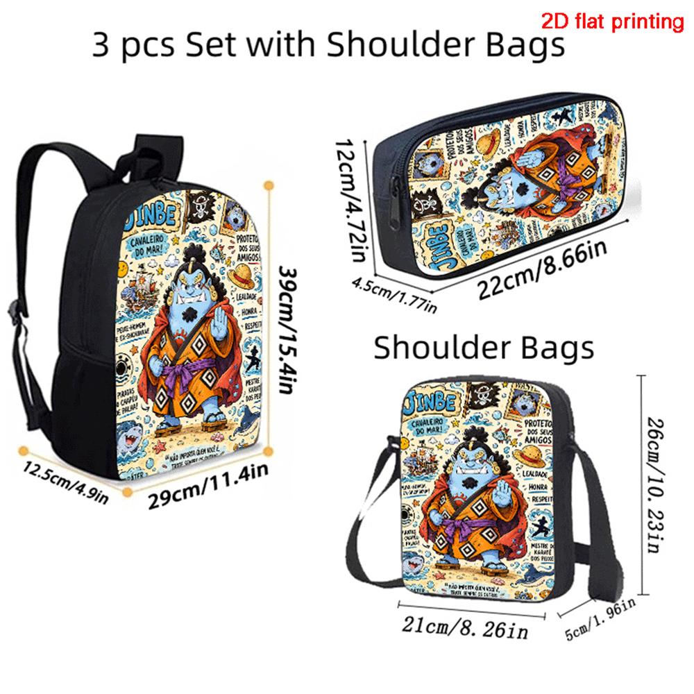 Cartoon One Piece 3pcs Lightweight Durable School Backpack with Crossbody Bag Pencil Case for Boys Girls Age 6-10 Primary School