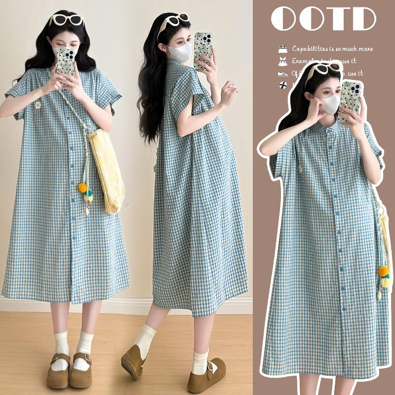 2026 Summer Korean Style Plaid Short-Sleeved Maternity Dress XL