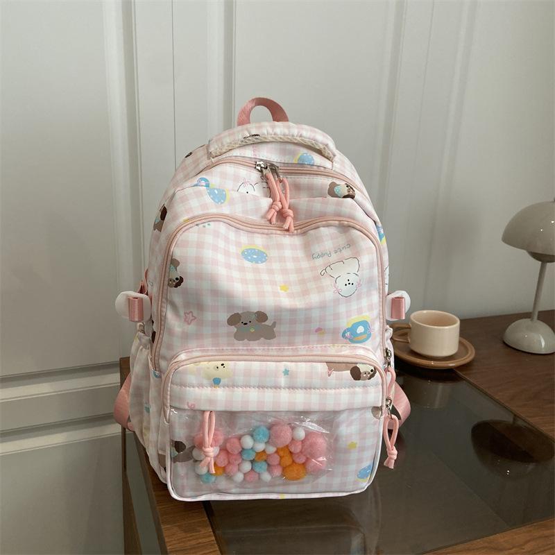 Cartoon Cat Pattern Women's Backpack Plaid Schoolbag