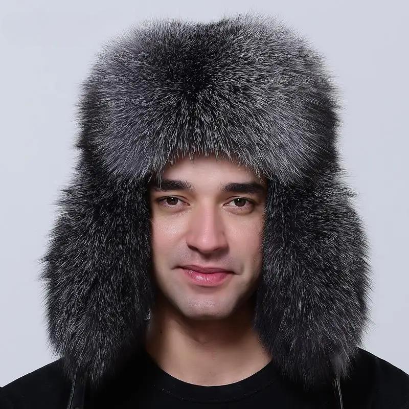 Luxury Men Hat Winter Warm Thick Bomber Fluffy Natural Fox Fur Trapper Ear Hats