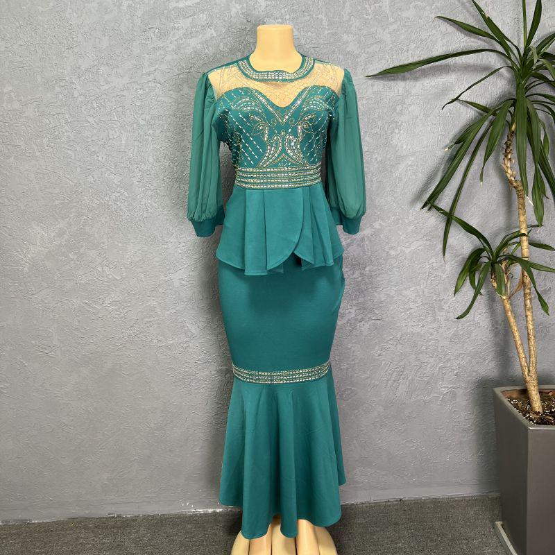 New 2023 African Two-Piece Set with Mesh Splicing and Hot Diamond Design