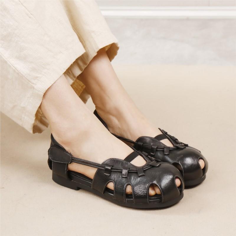 Johnature High Quality Genuine Leather Sandals Cowhide Peep Toe Flat Heel Soft Sole Retro Women's Shoes