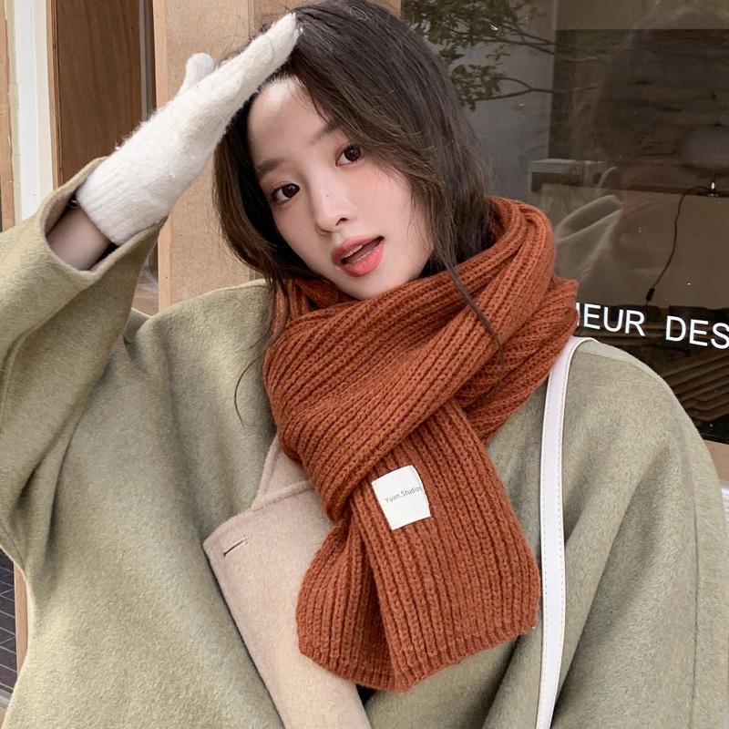 Maillard brown knitted wool small scarf women's winter warmth versatile high-end neck protection couple scarf