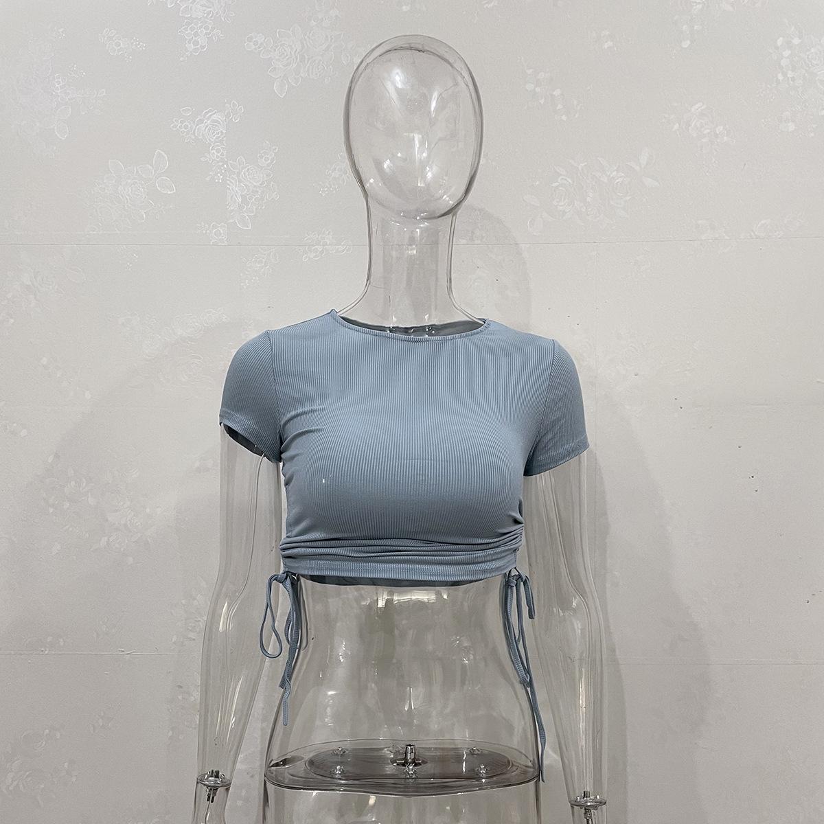 

Летняя мода, сексуальный укороченный пупок, завязка на шнурке, футболка с круглым вырезом и коротким рукавом, женский топ L синий