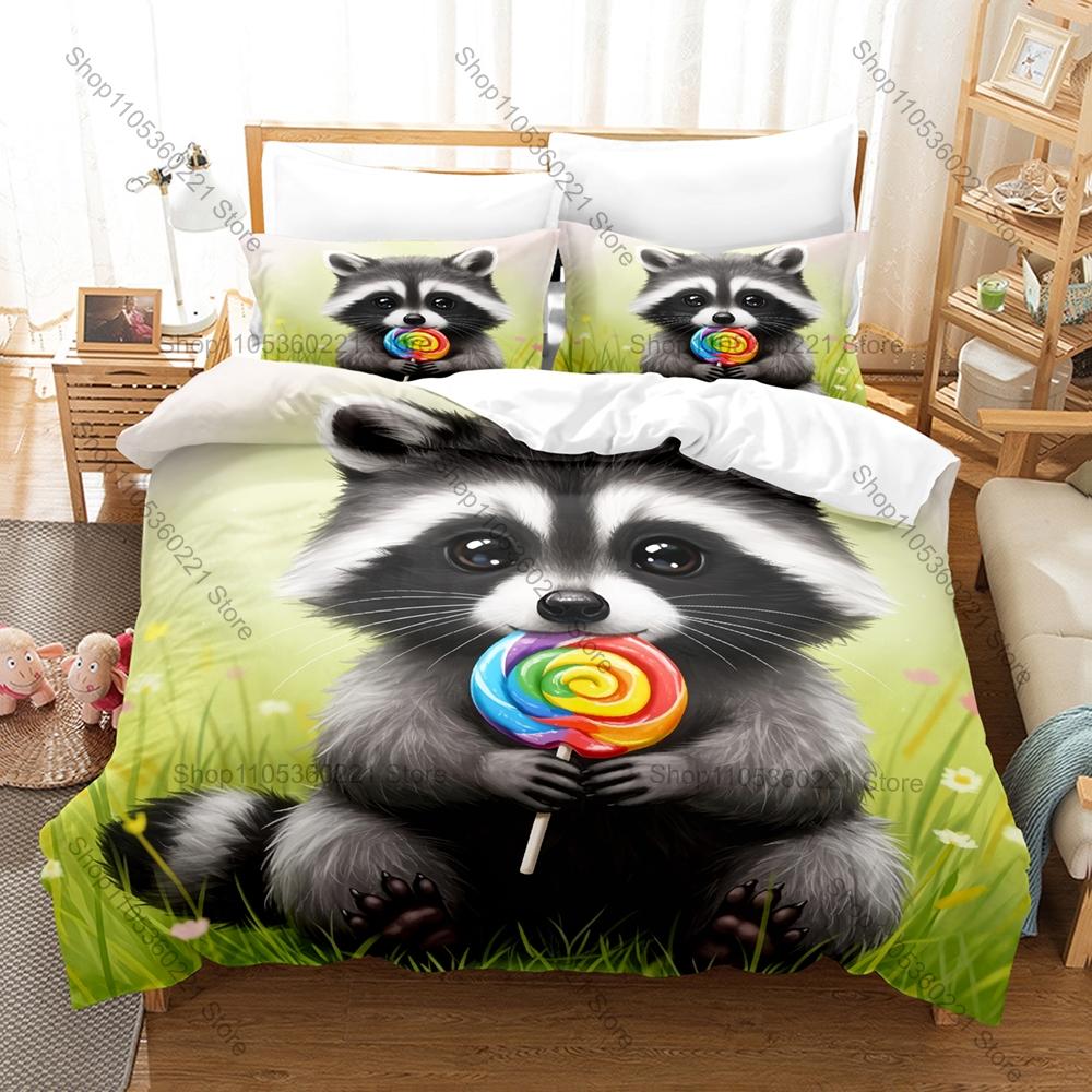 Cartoon Raccoon Three Piece Bedding Set Luxury Comforter Set with Queen King Size Cool Two pillowcase Anime Cama Infantil