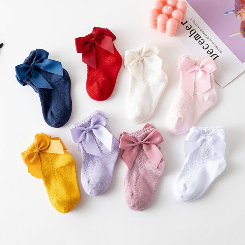 Lovely Baby Infant Girls Socks Kids Pure Color Pink Red Yellow Mesh Ruffle Socks Summer Cute Bow Knot Short Socks