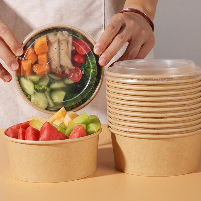 25pcs Kraft Paper Bowls Cups Fruit Salad Bowl Kraft Containers Salad Food Prep Kraft Box Cream Ice Snack Storage 500/750/1000ml