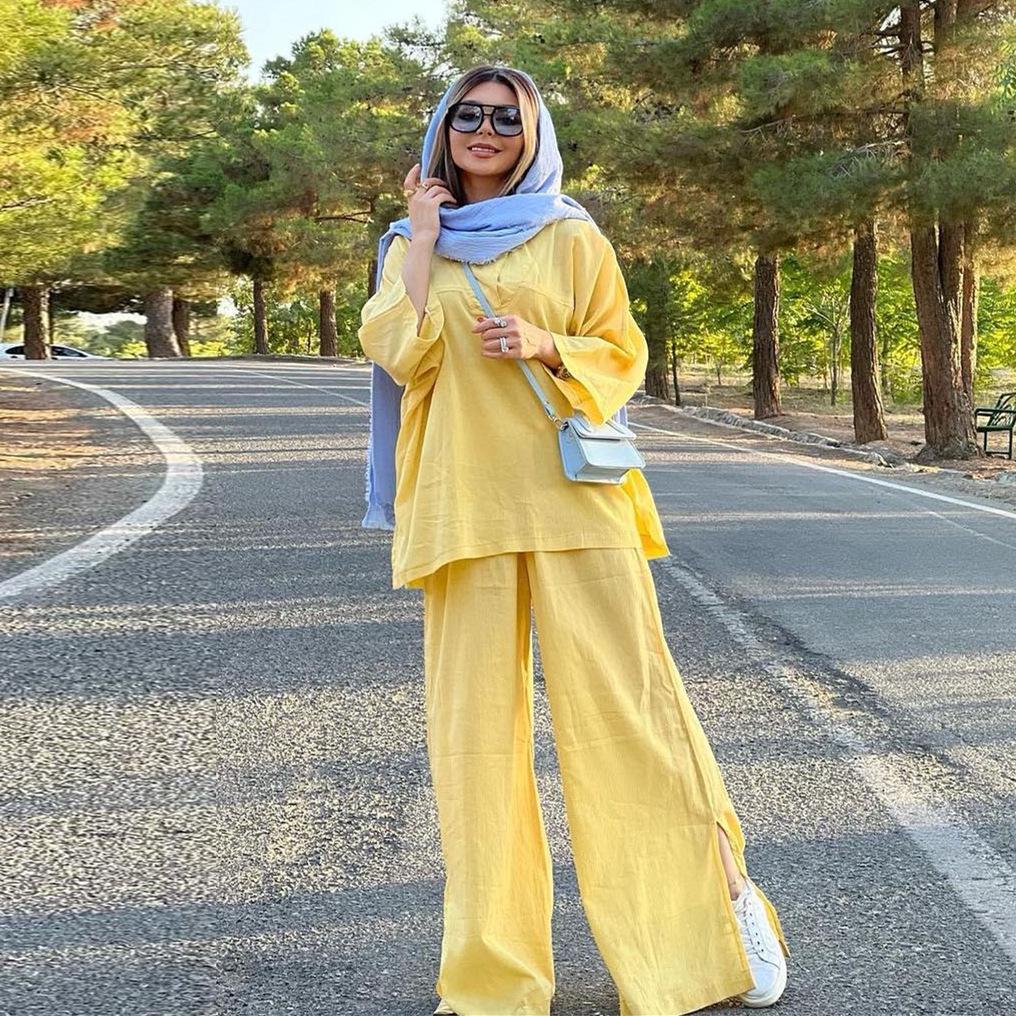 Women's 2024 Loose Long Sleeve Shirt and Slit Wide Leg Pants Set