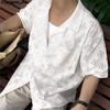 INCERUN Summer Men Short Sleeves Front Lace Patchwork See Through Loose Shirts