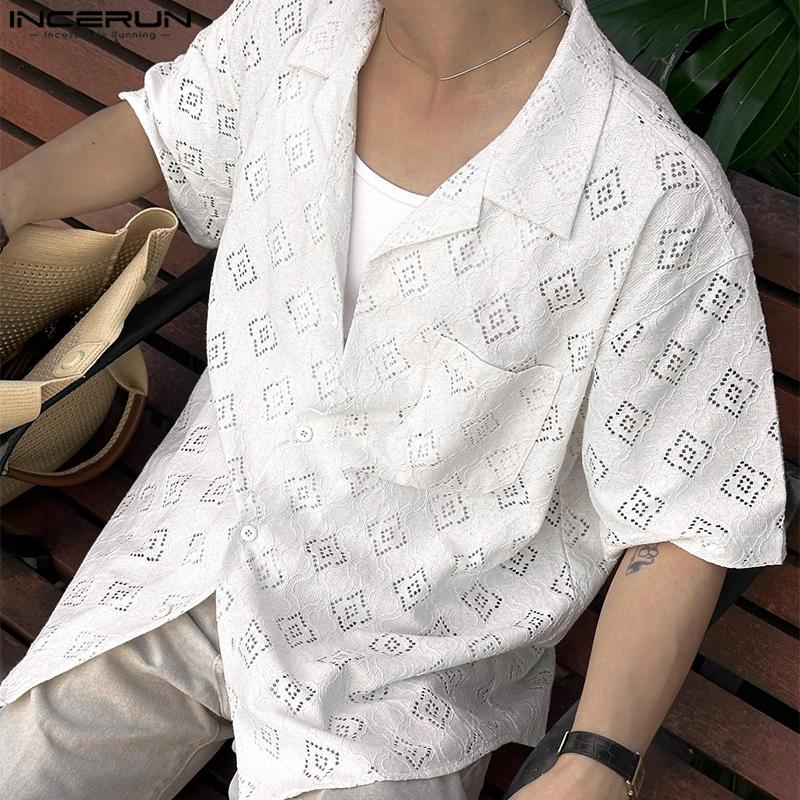 INCERUN Summer Men Short Sleeves Front Lace Patchwork See Through Loose Shirts