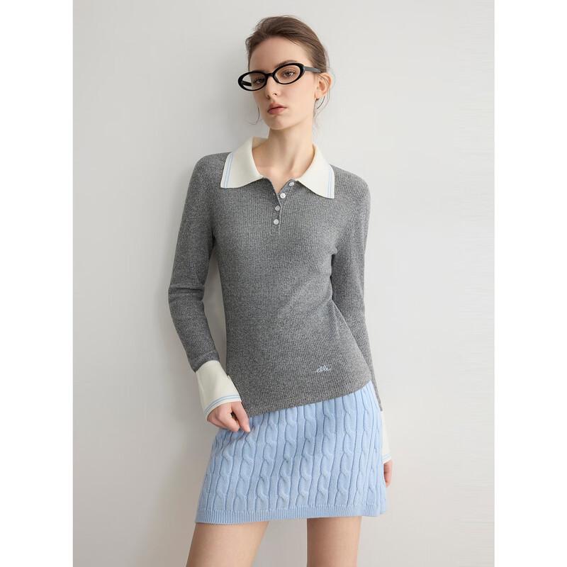 ELLE Women s Color-Block Lapel Knit Sweater S