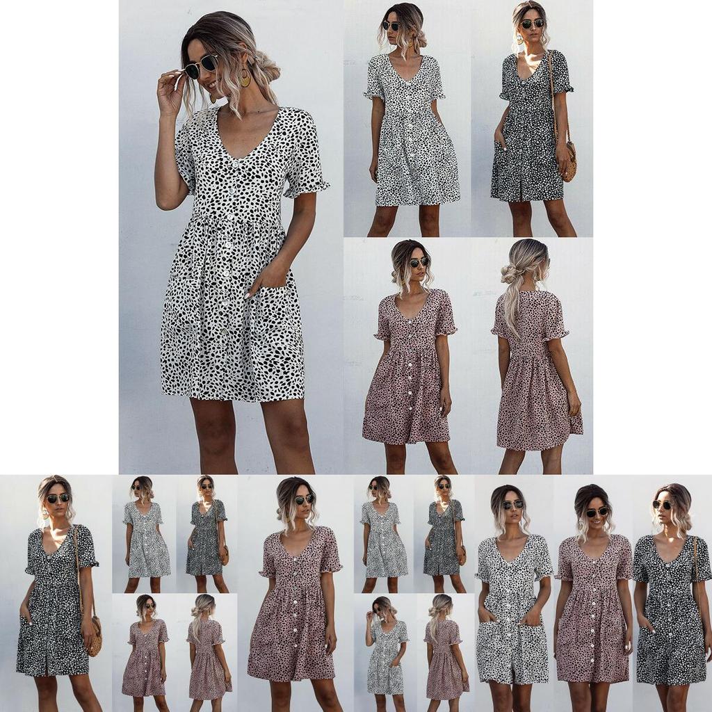 Stylish Women V-neck Holiday Mini Dress Featuring Elegant Polka Dot Design And Pockets