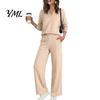 Solid Color Matching Sets Women Sweatshirt Pants 2-Piece Set, V-Neck Long Sleeve Top & Wide Fabric Fitness Clothing Leg Trousers with Elastic