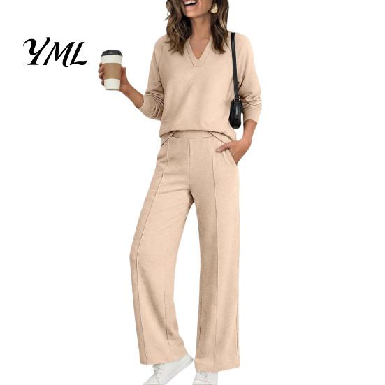Solid Color Matching Sets Women Sweatshirt Pants 2-Piece Set, V-Neck Long Sleeve Top & Wide Fabric Fitness Clothing Leg Trousers with Elastic