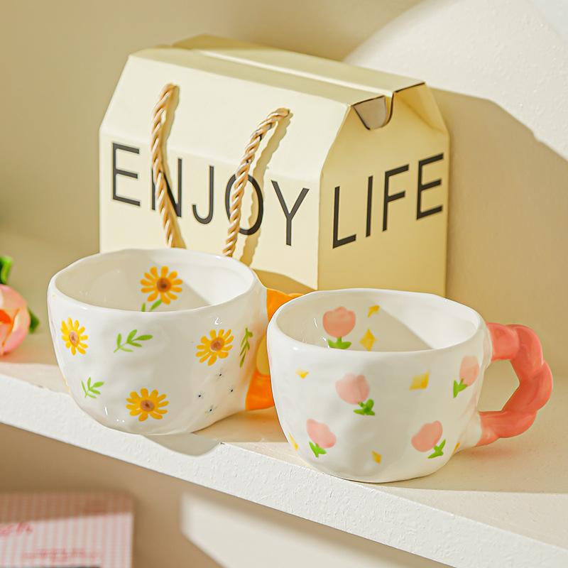 Retro Hand Painted Flowers Handmade Irregular Cute Cup Ceramic Coffee Cup Design Sense Coffee Cup Household Water Cup