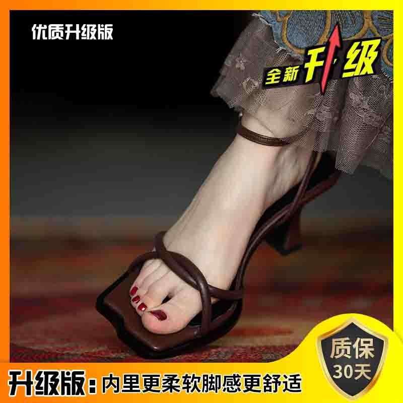 Slim heel sandals women's summer 2025 irregular square head soft sole crossed thin strap open toe one-word strap high heels