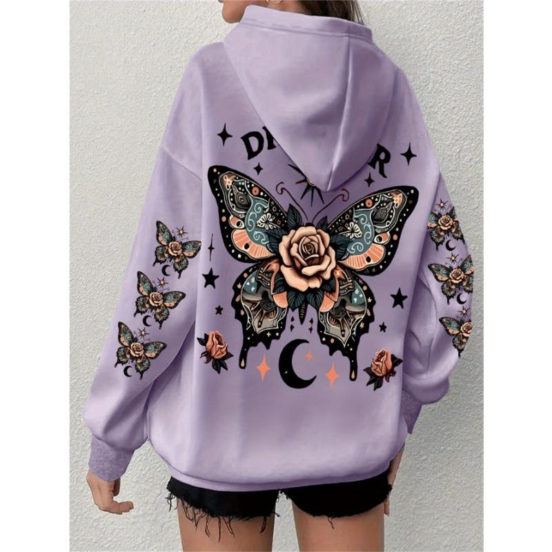 Hoodie Long Sleeved Butterfly Letter Printed Casual Plus Size Hoodie