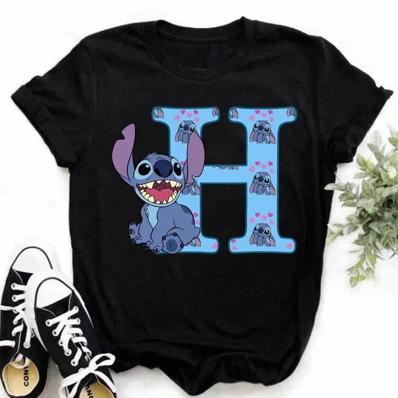 T-shirt pour femme Alphabet A-Z Kawaii Dessin Animé Imprimé Manches Courtes T-shirt Femme Disney Été Décontracté Vêtements Dessin Animé T-shirt