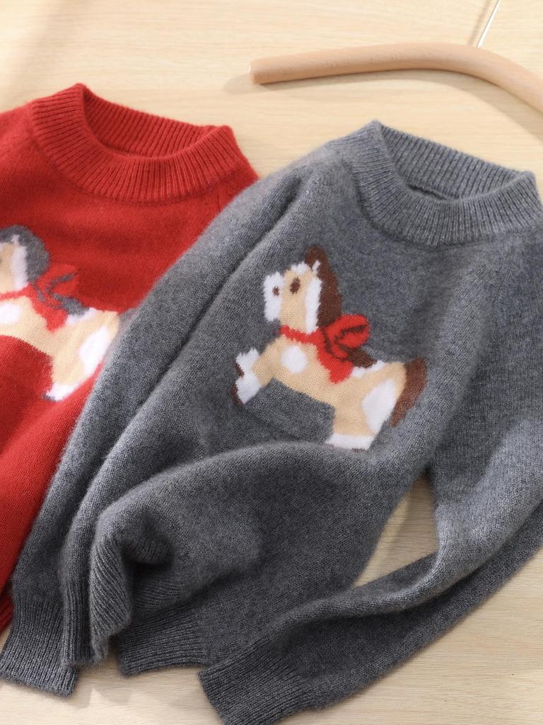 Unisex Children's Wool Knit New Year Sweater - Thick Cartoon Baby Pullover Base Layer