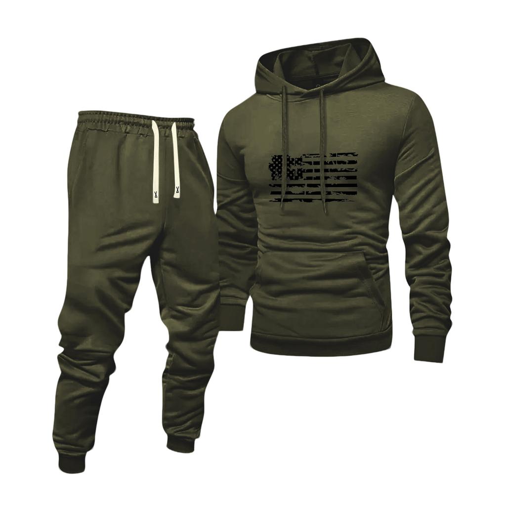 Men's Solid Color Flag Print Hooded Universal Versatile Hooded Sweatshirt Sweatpants Casual Sports Suit