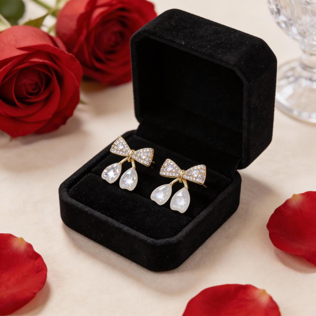Elegant French S925 Silver Bow Cherry Dangle Earrings - Fashionable Micro-Paved Autumn/Winter Jewelry