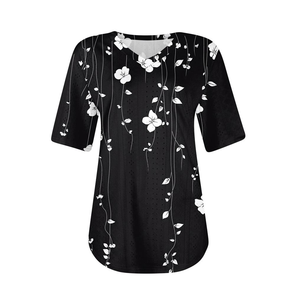 Damer T-skjorter V-hals Kortermet Hverdagstopper Løs passform Basic T-skjorter med buet fald