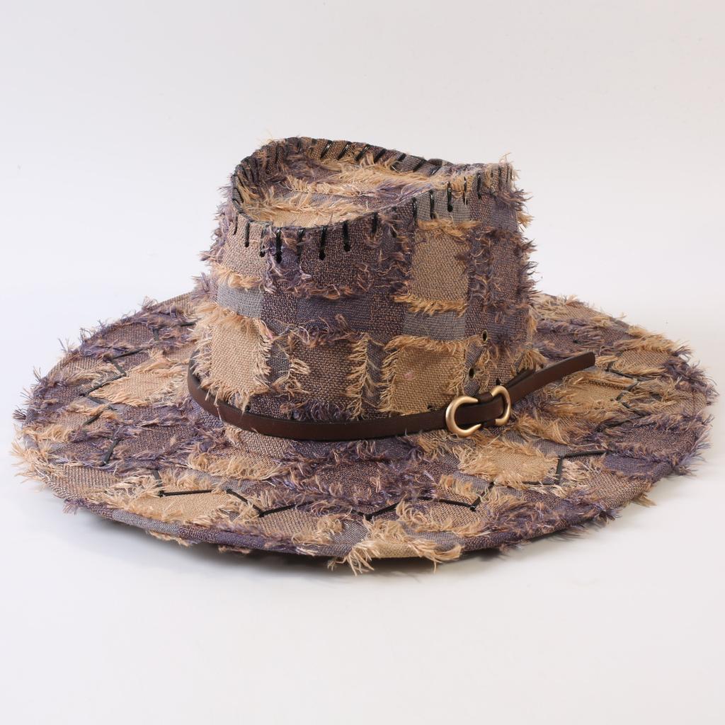 European and American Classic Retro Old Plaid Burr Jazz Hat Men's and Women's Outdoor Sunscreen Sunshade Big Eaves Western Cowboy Hat