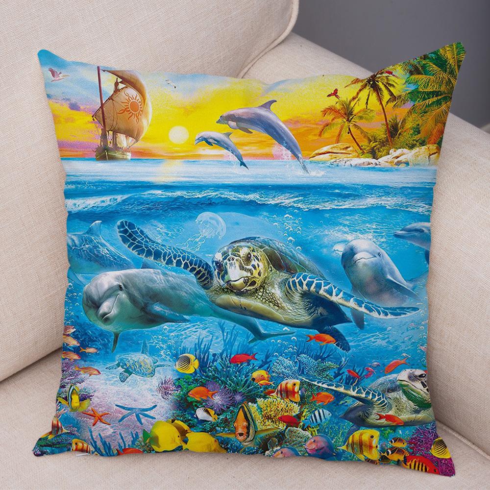 Marine Turtle Dolphins Shark Cushion Cover Short Plush Decor Colorful Ocean Animal Pillowcase Pillow Case for Sofa Home Car