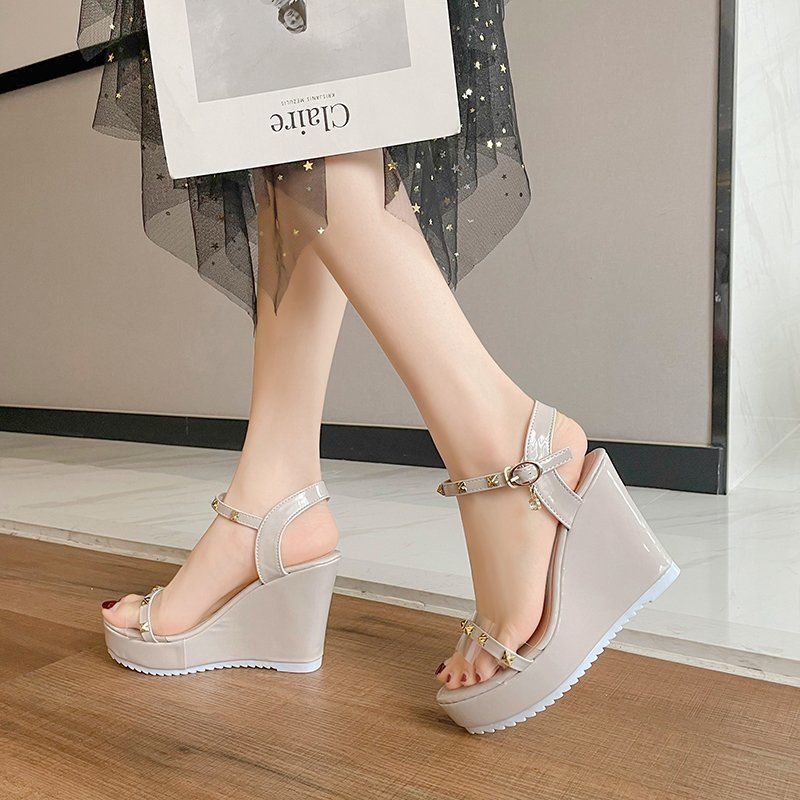 Sandals for Women Wedges Heel Green Super-high Rivet Woman Shoes Summer 2025 Comfortable Footwear New Breathable Fashion Luxury