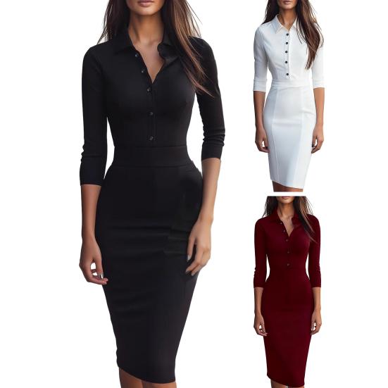 Damen Herbst Langarm Bodycon Arbeitskleid Revers Knopfleiste Formelles Kleid Midi Business Büro Etuikleid Bleistiftkleid