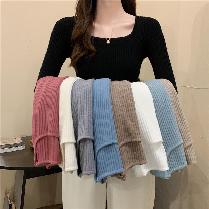 Autumn Winter Women Square Neck Knit Pullover Slim‑Fit Fleece‑Lined Elegant Long‑Sleeve Sweater Low‑Cut Inner Top