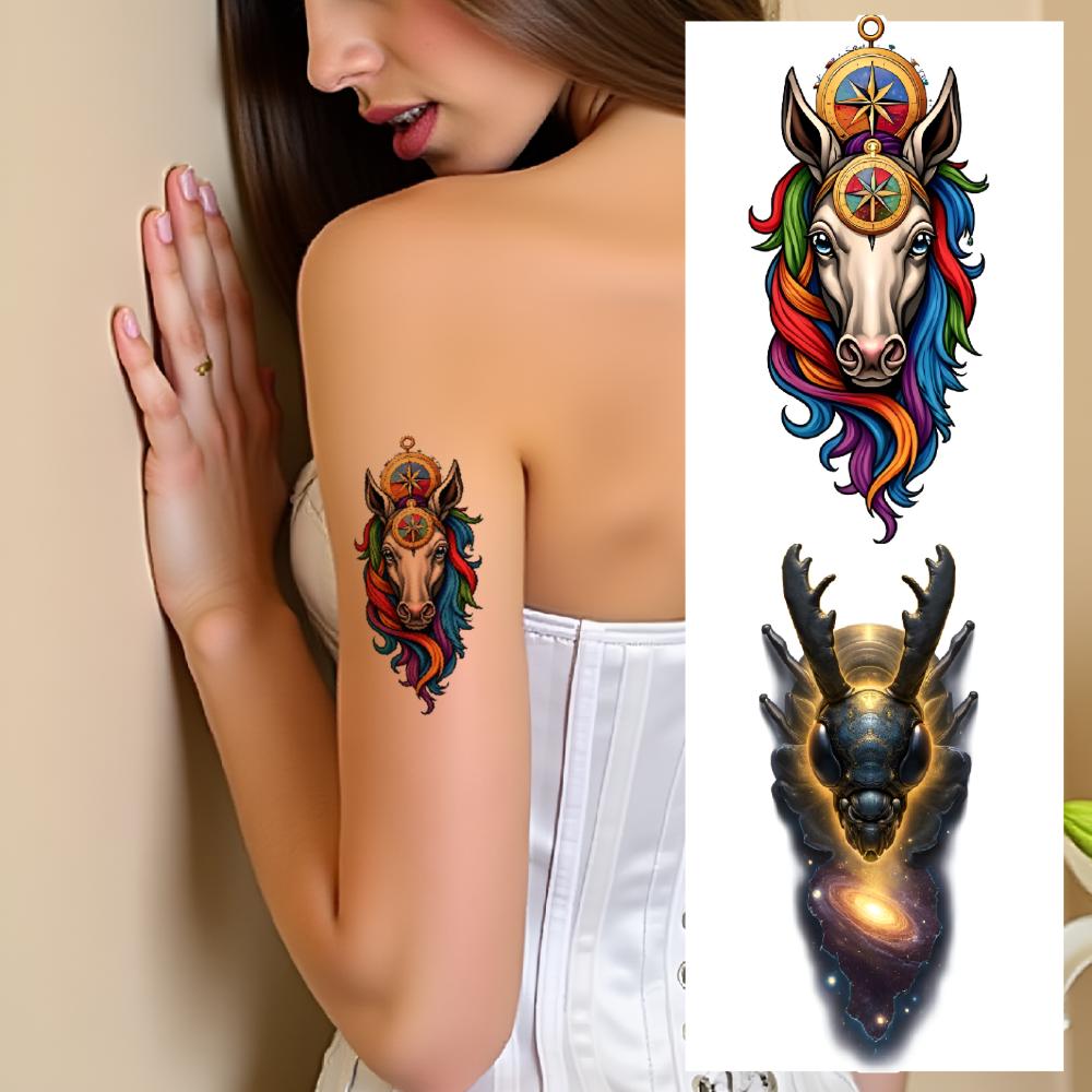 9pcs Temporary Tattoo Black Bird With Clock Realistic Temporary Tattoos Chameleon Golden Beetle With Galaxy Colorful Realism For