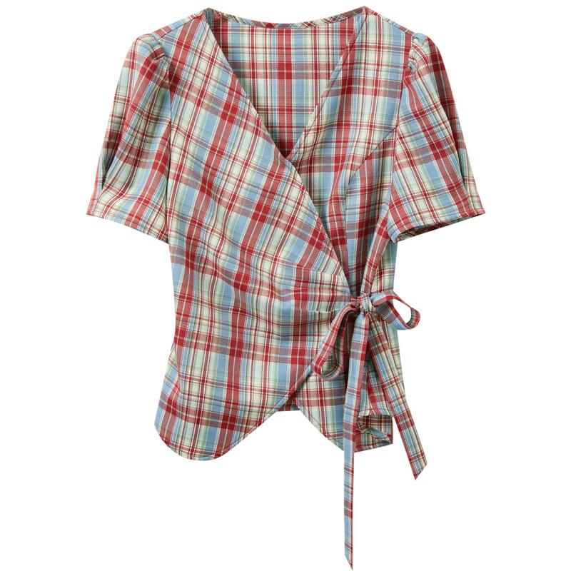Women's Plaid V-neck Puff Sleeve Short Top