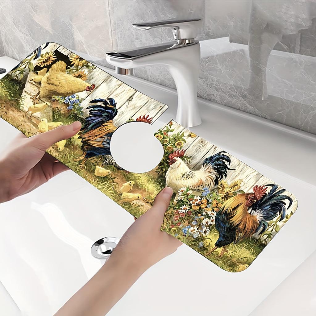 1Pcs Quick-drying Rooster Pattern Country Drying Pad, Very Suitable For Home Decoration And Bathroom, Faucet Absorbent Pad, Bathroom Faucet Splash Pad