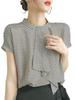 Blouse Summer Tops Checkered Shirt Chiffon Ribbon Short Sleeve Top Elegant Adult Slimming Stylish Formal Office OL Commuting Neat [H. Zroy] Women's