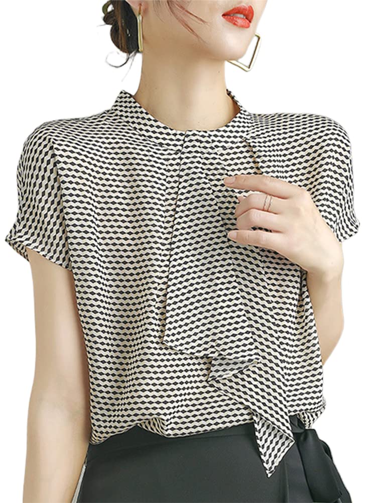 

Блузка Летние топы Клетчатая рубашка Шифон Лента Топ с коротким рукавом Элегантный Взрослый Стройнящий Стильный Формальный Офисный OL Для поездок на работу Аккуратный [H. zroy] Женский чёрный