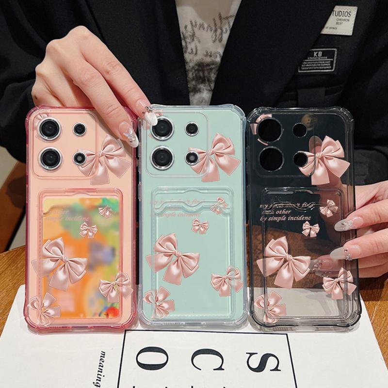 Bowknot Pattern Card Slot Clear Phone Case For Xiaomi 14T 13T Pro Poco F6 Pro X6 C65 Redmi Note 13 Pro 12 11 Soft Silicone Shockproof Bumper Cover