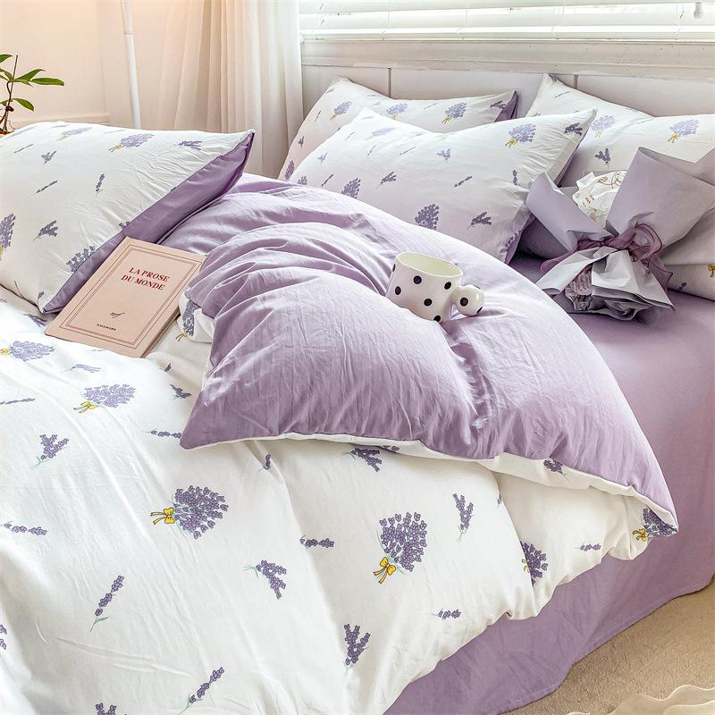 Class A Small and fresh 100% washed cotton 4pcs set, pure cotton polished quilt cover, single bed hat, student dormitory three 4-piece set