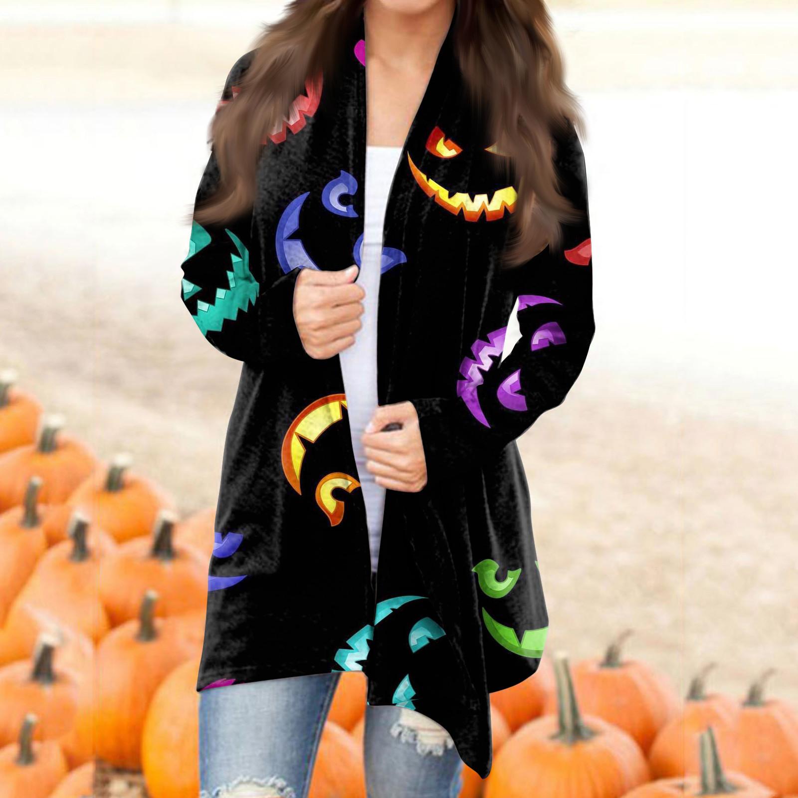 

Женская мода, повседневный кардиган с принтом на Хэллоуин, средней длины, с длинными рукавами, пальто XXXL фиолетовый