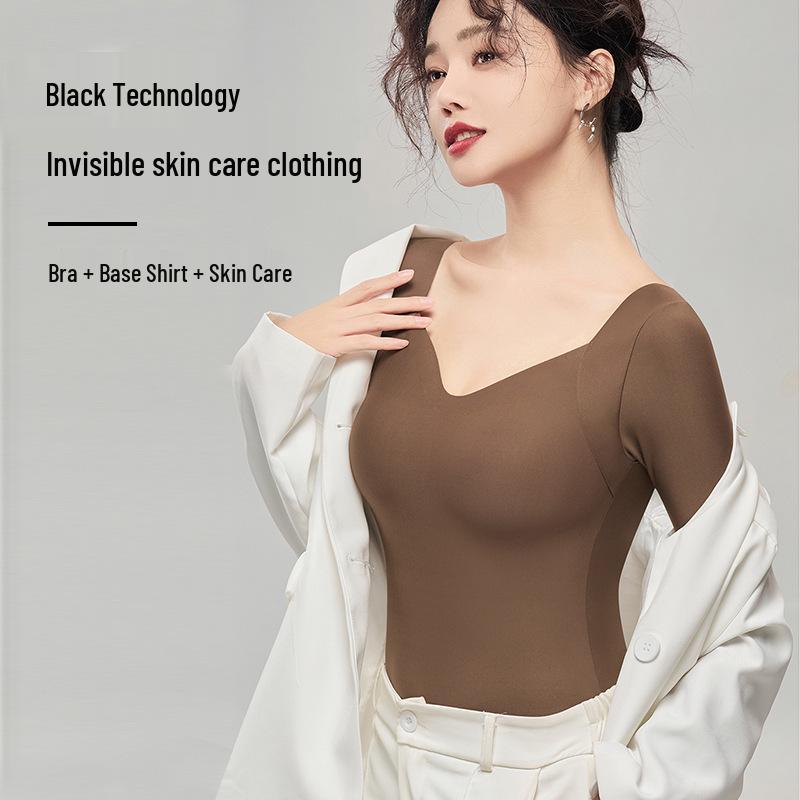 Hyaluronic Acid Skin-Beautifying Long Sleeve Top with Chest Pads - Warm, Seamless Base Layer for Autumn and Winter