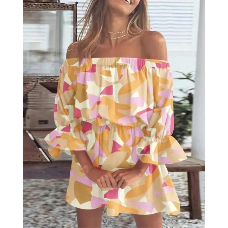 DICIFY Women's Fashion 3/4 Sleeves Summer Spring Solid Color Print Casual Dresses