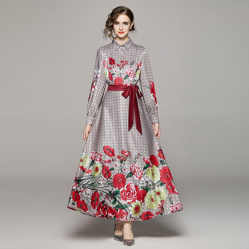 

Брендовые дизайнерские платья для подиума с принтом, халат для вечеринки, элегантное платье с розой до щиколотки, западное большое распашное женское платье макси с бантом M разноцветный