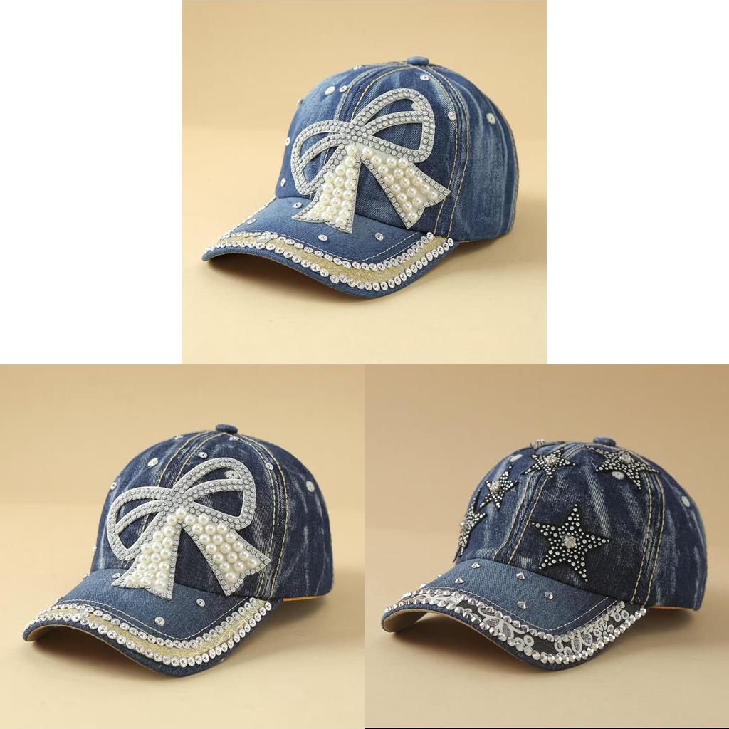 Artificial Pearls And Rhinestones Denim Cap With Sun Protection And Windproof Features For Women
