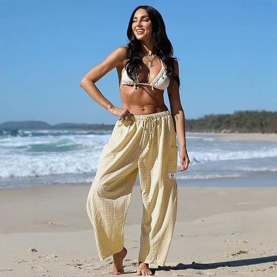 Women Plaid Wide Leg Pants High Waist Drawstring Elastic Waist Casual Loose Fit Cropped Trousers