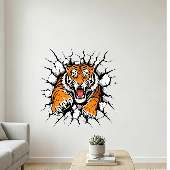 Removable Vinyl Wall Stickers 3D Tiger Stickers, Peel And Stick Roaring Decals, PVC Modern Decoration Ideas Art Mural Decor, Realistic Cracked Sticker