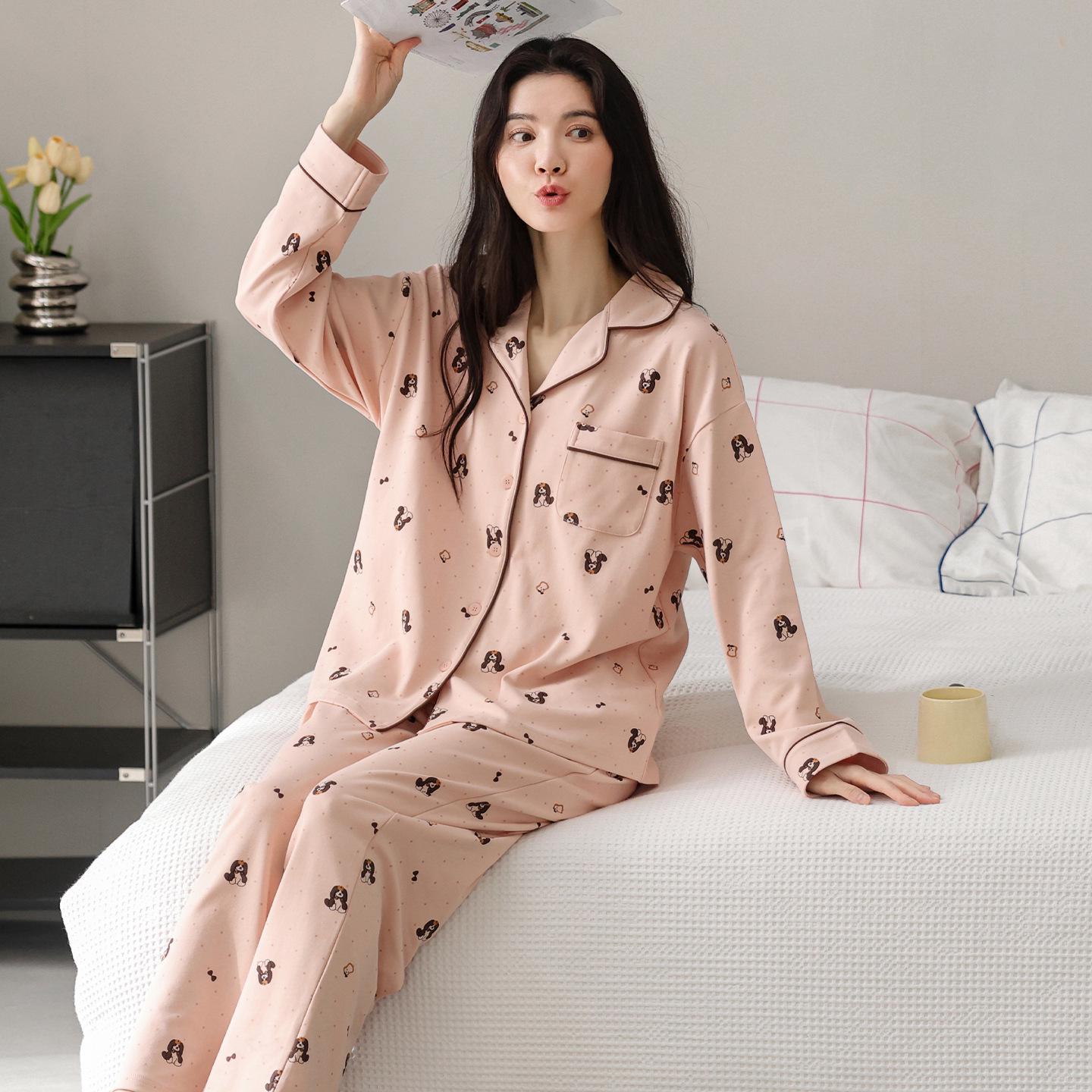 

Женский пижамный комплект из 100% чистого хлопка с кардиганом с длинным рукавом - Корейский стиль, Высококачественный, Подходит для дома или улицы XL